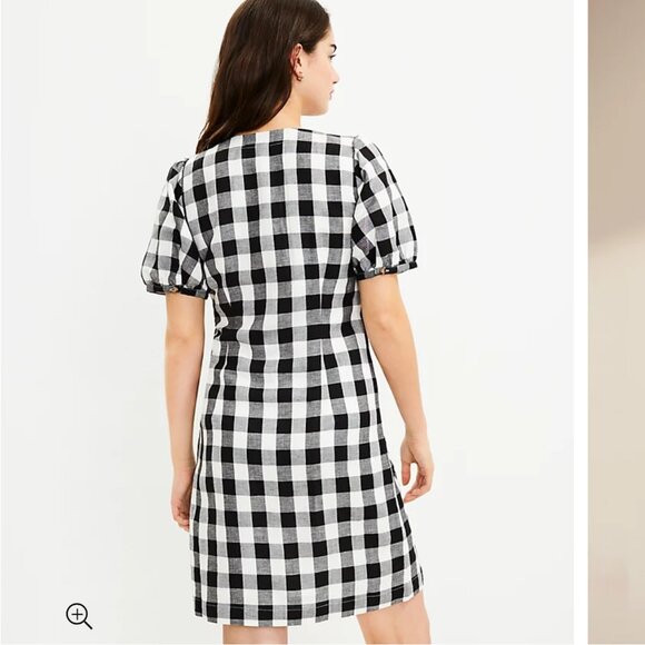 NWT LOFT Gingham Button V-Neck Dress Puff Short Sleeve Black White Size 2 Petite - Picture 3 of 8